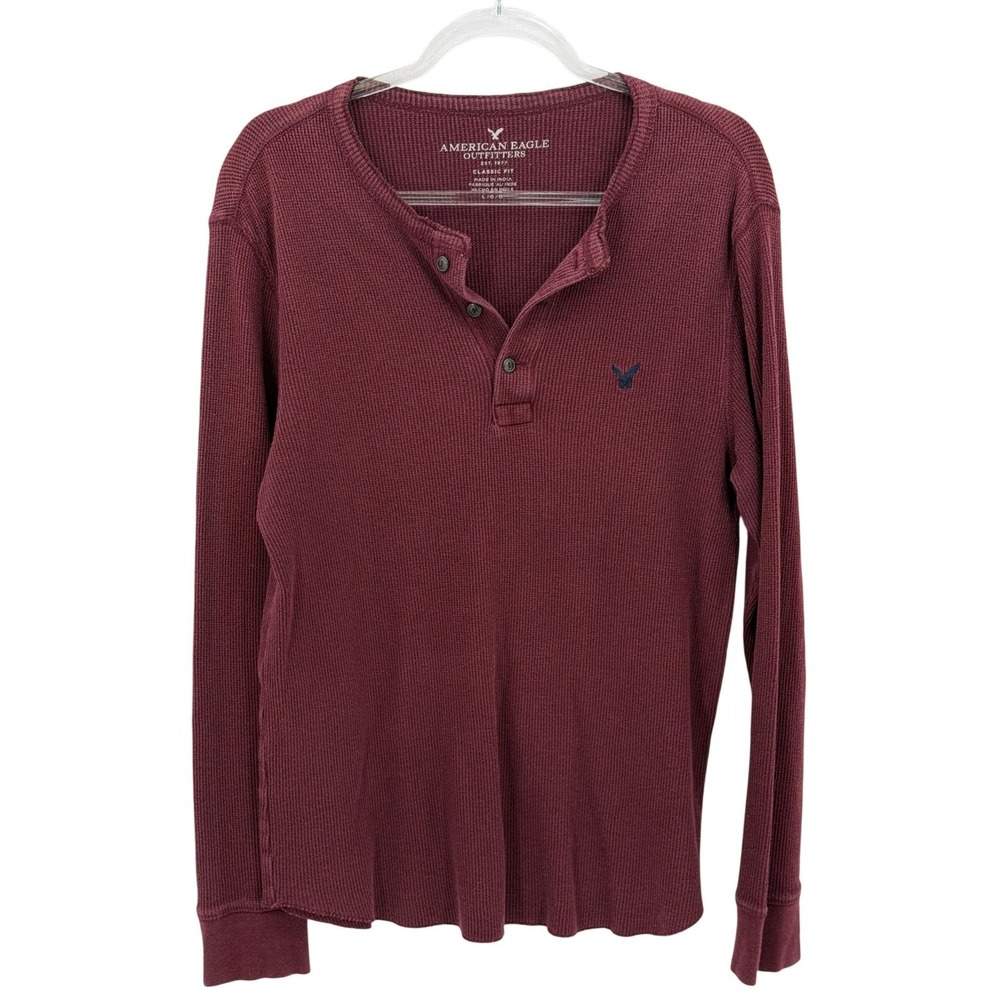American Eagle Shirt Mens Large Burgundy Henley Thermal Waffle Knit Y2K Autumn